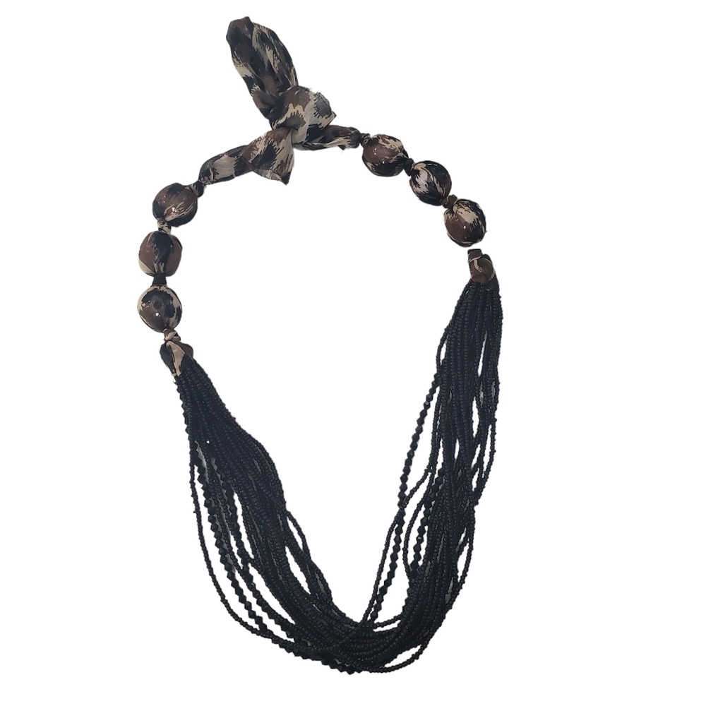 Leopard Print Fabric Wrapped Beaded Necklace Black Multi Strand Beads Adjustable